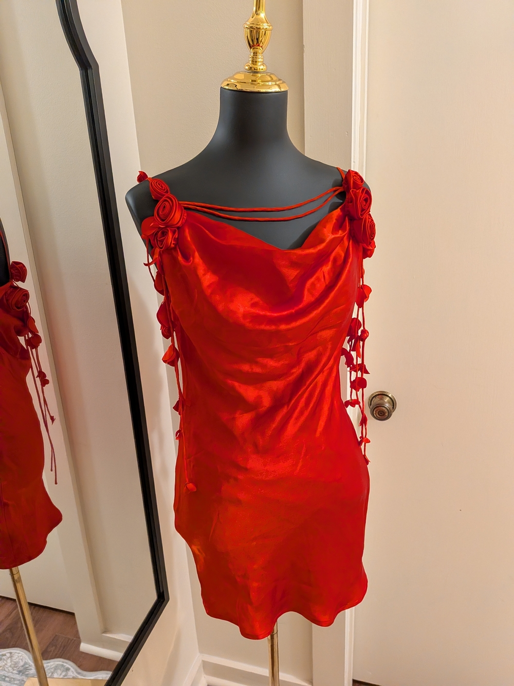 CIAO BY CC April Red Satin Mini Dress with Floral Tie Straps Size Small